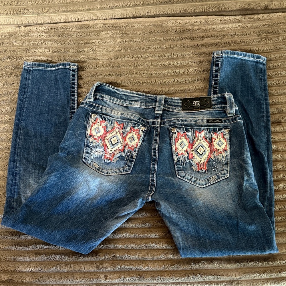 Miss Me Women's Skinny Jeans - Blue Denim with Pink & White Embroidery